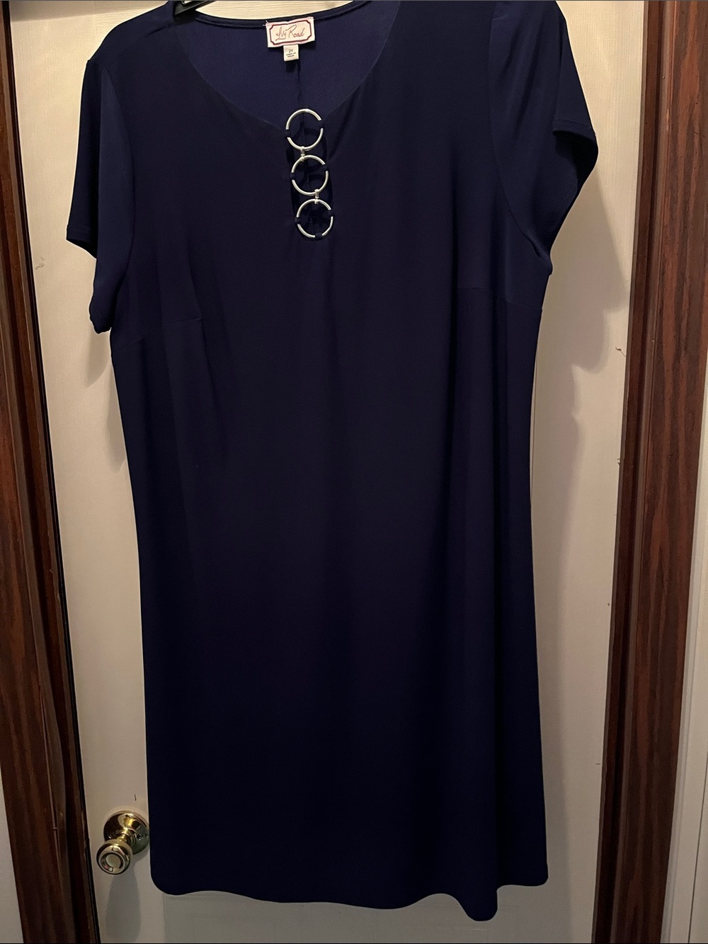 Navy Midi Dress with Silver Ring Accents